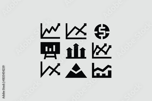 Collection of minimalist web icons depicting various financial trends and statistics in black and white design vector 