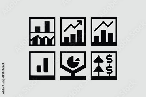 Collection of minimalist web icons depicting various financial trends and statistics in black and white design vector 
