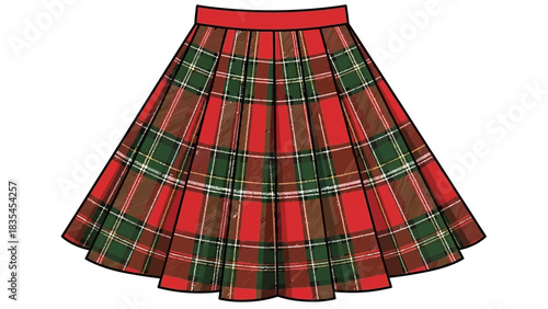 A classic pleated a line midi skirt featuring a traditional red green and brown tartan plaid pattern with a solid red waistband and a scalloped hemline