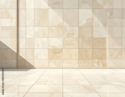 Tiled cream wall & floor catch light; bright & minimalist