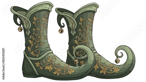 Whimsical green elf boots adorned with intricate golden vine patterns and small jingling bells perfect for fantasy costumes and festive holiday designs