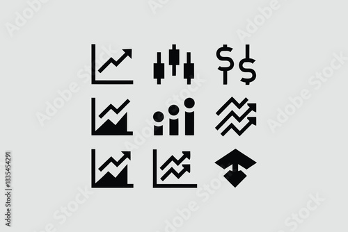 Collection of minimalist web icons depicting various financial trends and statistics in black and white design vector 