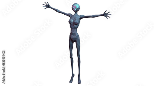 Geometric low poly human figure with outstretched arms on white background