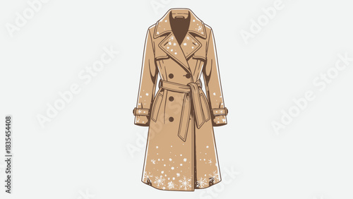 Stylish tan trench coat with a belted waist and decorative snowflake pattern perfect for winter fashion and seasonal advertising campaigns