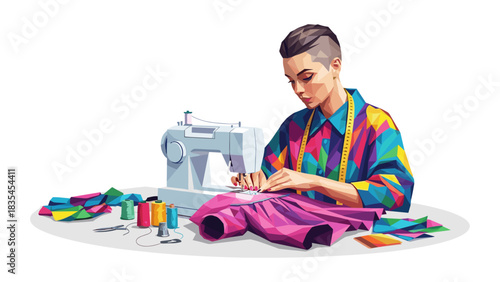 Colorful geometric sewing scene with seamstress, machine, and materials