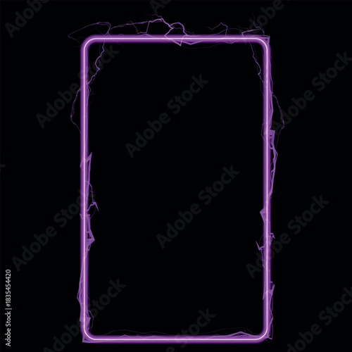 Thunderbolt purple lightning spark effect vector rectangle frame on black, bolt voltage border, electric energy burst