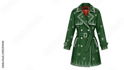 A stylish green double breasted trench coat adorned with festive snowflake and tree patterns featuring a plaid lining and a belted waist perfect for winter fashion