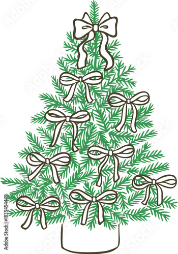 Christmas tree decorated with bows, outline doodle style.
