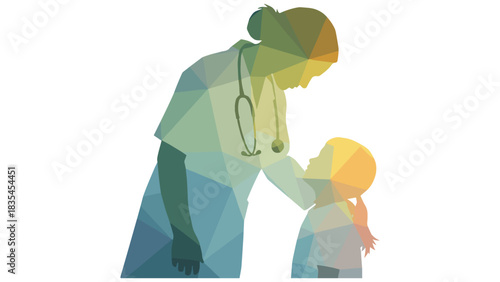 Colorful geometric silhouette of caring doctor and child interaction