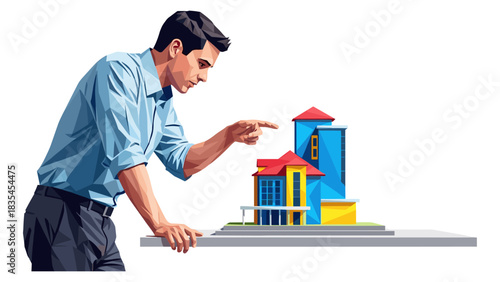 Architect designing colorful modern buildings with precision and creativity