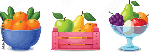 Colorful assortment of fresh fruits in diverse containers including bowls and crates, perfect for healthy eating, nutrition, and food presentation concepts.