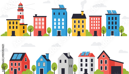 Colorful cartoon buildings and houses with solar panels promoting sustainability, ideal for urban, suburban, and eco-friendly design themes.