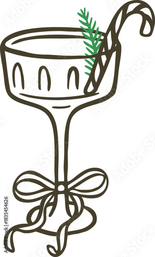 A festive cocktail glass with a tall stem, a bow, a candy cane, and a spruce branch, doodle style.