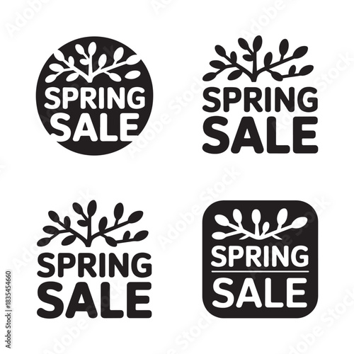 Spring sale badges featuring stylized branches and leaves