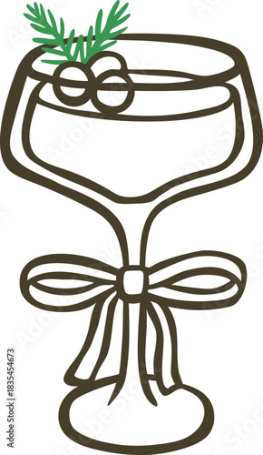 Glass of champagne decorated with bow and fir twigs, Christmas and New year celebration drink, doodle alcohol beverage