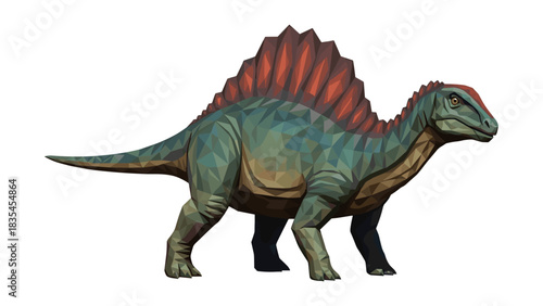 Geometric low poly spinosaurus with red sail on white background