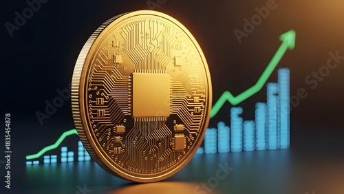 Cryptocurrency Market Growth: Digital Coin with Upward Trend and Financial Chart perfect for financial news, investment articles, fintech marketing, website