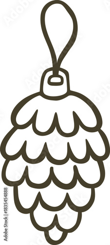 Pine cone Christmas tree ornament, hanging decoration, outline doodle style.