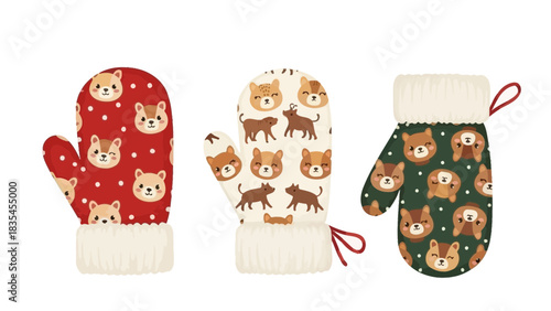 A trio of adorable cartoon animal patterned winter mittens featuring cute dog and bear faces and small animal silhouettes on red cream and green backgrounds with fluffy cuffs