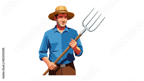Smiling farmer holding pitchfork in blue shirt and straw hat on white background