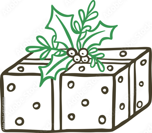 Gift box decorated mistletoe berries with leaves, vector doodle Happy New Year, Christmas holiday present with ilex twig