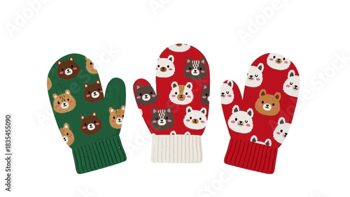 Three adorable cartoon bear face patterned mittens in green red and white with ribbed cuffs isolated on a white background for winter fashion and holiday themes