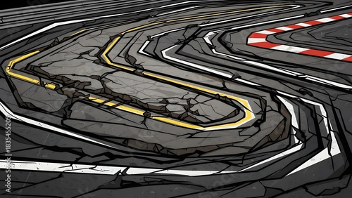 Abstract Stylized Race Track with Cracks and Yellow Lines perfect for website banner, game background, poster, digital art, presentation slide, social media