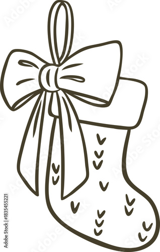 Christmas gift sock decorated with bow vector doodle illustration, Christmas stocking decoration Happy New year line art