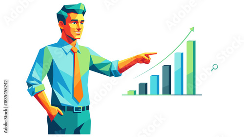Businessman in vibrant colors pointing to growth chart with rising arrow