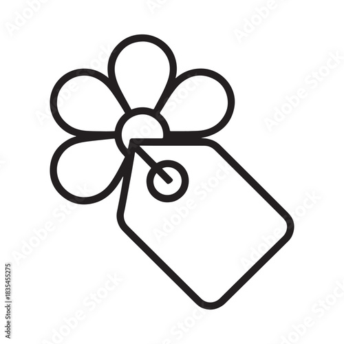 Simple line art icon of a flower with a gift tag