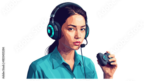 Low poly gamer woman with headset and game controller in hand