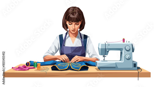 Seamstress working at sewing machine with colorful fabrics and patterns