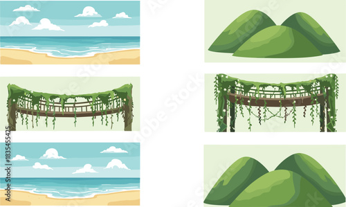 Illustrated comparison of simple and detailed scenes including beach, bridge, and hills, ideal for design and educational themes.