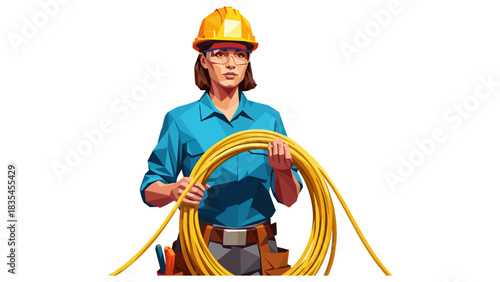 Confident female electrician holding yellow cable with tool belt