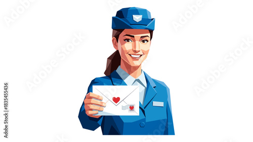 Smiling mail carrier in uniform holding a heart-adorned envelope