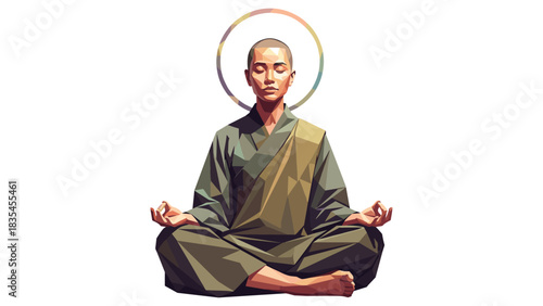 Meditative state in low poly art: a peaceful monk practicing yoga and mindfulness