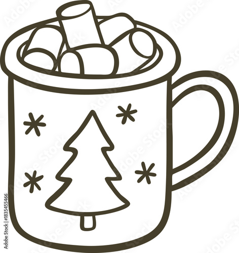 A mug of hot cocoa and marshmallows, hand-drawn, monochrome doodle style.