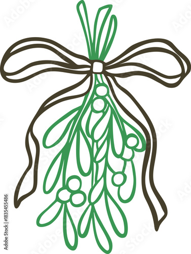 Plant branches with berries with leaves tied into a bow with ribbon, vector doodle Christmas and Happy New Year bouquet