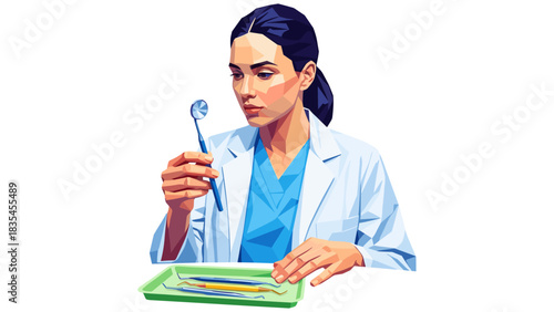 Low poly style dentist holding dental mirror in blue scrubs and white coat