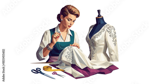 Seamstress creating elegant embroidered dress on mannequin in geometric style