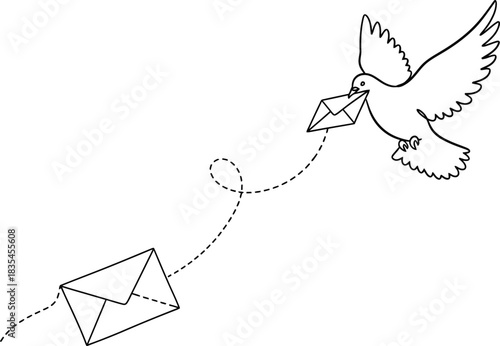 Dove with envelope representing mail delivery. Concept of correspondence and communications. Dove bird holding envelope for newsletter subscription and sending