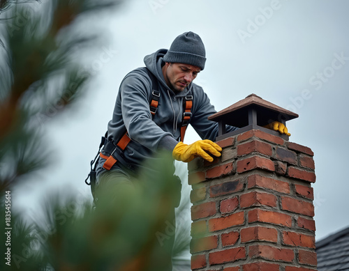 Man in safety harness cleans brick chimney on cloudy day. Worker with yellow gloves inspects rooftop structure for fire safety and home maintenance. Professional chimney sweep service.