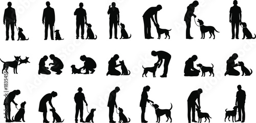 A comprehensive silhouette collection depicting various interactions between humans and dogs, illustrating pet care, training, bonding, and loyalt