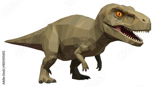 Polygonal dinosaur art: low poly t-rex with sharp features and vibrant eyes