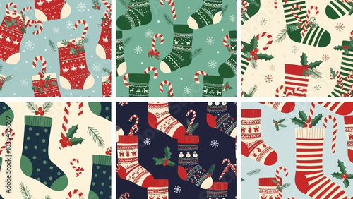 A festive collection of six seamless christmas stocking patterns featuring candy canes holly berries and snowflakes in red green and blue color palettes