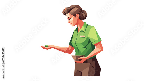Low poly woman holding bowl: geometric design in green uniform