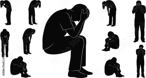 A powerful silhouette collection of men and women showing sadness, stress, depression, and distress, symbolizing mental health, pain, and emotional despair