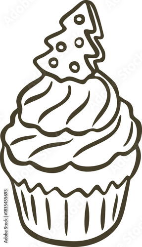 Cupcake with cream and fir tree, vector doodle biscuit sweet dessert bakery, Christmas and Happy New Year treat line art