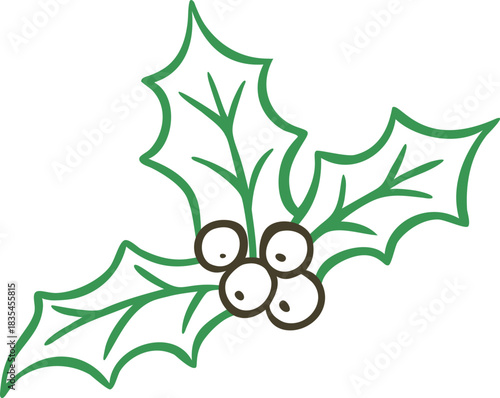 A holly branch with leaves and berries, a hand-drawn outline doodle, a Christmas decoration.