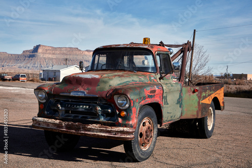 Rusty Vintage Tow Truck in a High-Desert Landscape